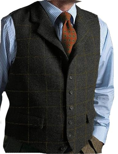 Mens Casual Plaid Suit Vest Tweed Slim Fit Waistcoat for Wedding Groomsmen(Black,M)