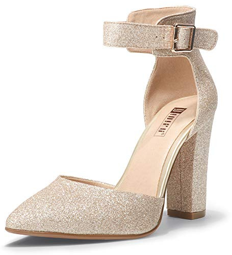 IDIFU Women's IN4 Pedazo High Block Heels Pumps Pointed Closed Toe Ankle Strap Dress Wedding Shoes (8.5, Gold Glitter)