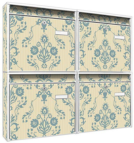 banjado Briefkastenanlage 4 Fach - Postkästen groß - verzinkter Stahl weiß DIN A4 Motiv Tapete Blumen - Briefkasten Set 4 Briefkästen Namensschild, 2 Schlüssel, Montagematerial