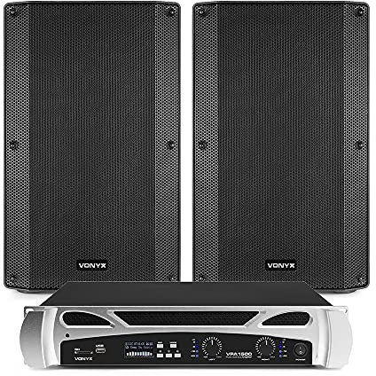 VONYX VSA15P Passive PA System with VPA1500 Bluetooth Amplifier, Pair 15 DJ Speakers 1500W Sound Kit, Complete DJ PA Speakers and Amp Set with Cables Included