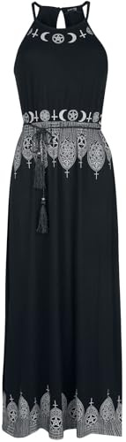 Gothicana by EMP Damen Schwarzes Maxikleid mit Prints und schmalem Bindegürtel XL