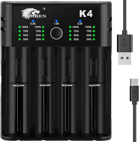 IMREN 18650 Caricabatterie, Universale 4 Slot di Carica Rapida per 3.7V 18650 14500 14650 17500 18350 18650 18700 20700 21700 22650 26650 e 1.2V Ni-MH/Ni-Cd batteria AA AAA C Batteria