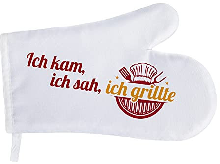 Geschenke 24 Grillhandschuhe Ich, kam, ich SAH, ich grillte (Rot, Wender): Grillhandschuhe Hitzebeständig, BBQ Gloves, Grill Handschuh - Geburtstagsgeschenk, Geschenke für Männer