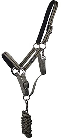 QHP Halfter-Set mit Tasche gestreiftes Muster Halfter mit Führstrick (Full WARMBLUT, Safari)