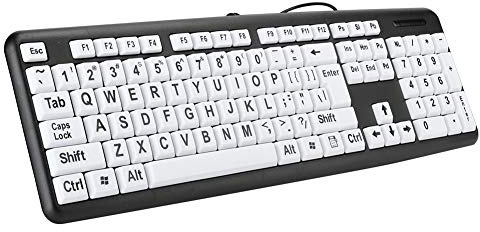 banapoy Tastiera per Computer con Stampa Grande, Tastiera USB Cablata Full Size a 104 Tasti con Tasti Bianchi con Stampa Grande per Anziani Ipovedenti Ipovedenti(Nero)