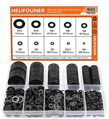 900 Pieces Black Zinc, HELIFOUNER Flat Washers Assorted Kit, Flat Washers, Metric Washers, Lock Metal Washers (M2 M2.5 M3 M4 M5 M6 M8 M10 M12)