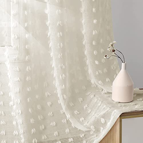 Joywell Gardinen Wohnzimmer Vorhänge Kinderzimmer Schlafzimmer Pompons in Leinen Optik Leinenstruktur Fertigstores Transparent Vorhang für große Fenster Doris Natürlich 245x140 cm 2er Set