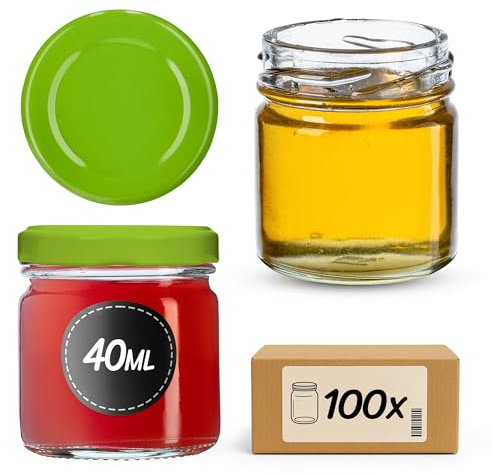 KADAX Lot de 100 Mini bocaux en Verre 40ml Ø43 – Couvercle Twist-Off hermétique TO43 – pour épices, Miel, conserves & Pots Cadeaux