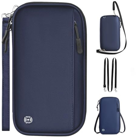 Reisepass Tasche Familie Ausweistasche mit RFID Blocker, Herren Damen Reisepasshülle 4 pässe für Kreditkarten, Ausweis, Bordkarten, Flugtickets, Impfausweis, Reiseorganizer (Blau)