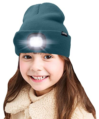 ATNKE LED-upplyst barnmössa med lampa, USB-uppladdningsbar strålkastare med 4 lysdioder, vattentäta, vintervarma stickade mössor för natten för pojkar och flickor, olivgrön