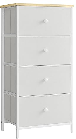 SONGMICS Kommode, Aufbewahrungsschrank mit 4 Stoff-Schubladen, Metallrahmen, hoch und schmal, weiß-eichenfarben LTS314W57