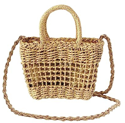 NICOLE & DORIS Stroh Umhängetasche Damen Strohtaschen Sommer Strandtasche Schultertasche Klein Handy Handtasche Mädchen Gewebte Tasche Eimertasche für Urlaub Reisen Braun