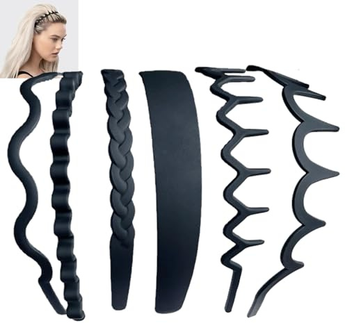 Haarband Damen Elastisches Haarreifen Männer,Matt Rutschfest Schwarz Haarreifen,Zickzack Unisex Metall Kunststoff Haarband Herren für Sport,Fitness,Tägliches Make-up 6PC