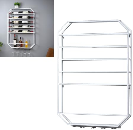 Botellero Vino Pared de Metal para Vinoteca Mueble Bar Wine Rack Botellero Vertical Estanterias de Pared Estantes de Almacenamiento con Portavasos para el hogar Cocina Despens Bodega Bar (Color : Wit