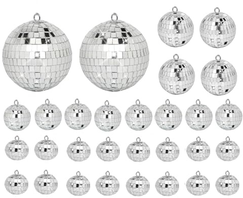 KAREZONINE 30 Stück hängende Discokugel-Ornamente, Spiegelkugel-Dekoration in verschiedenen Größen, reflektierende Mini-Discokugel für 70er-Jahre-Disco-Mottoparty, Weihnachten, Valentinstag, Hochzeit