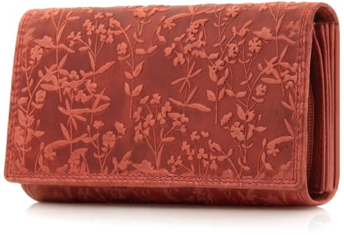 ekavale Portemonnee für Damen mit Blüten Muster RFID-Schutz, Leder Geldbörse Langformat mit Druckknopf (Rot)