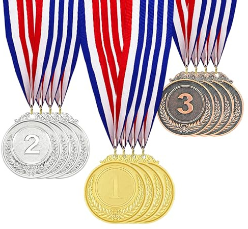 JKYVAA Set of 12 Metal Medals for Children,Medals 1st 2nd 3rd Medals,Gold Silver Bronze Football Medals for Kids, 2 inch Sports Day Medals with Ribbon for Adults,Winner Award,Competition,Gymnastics