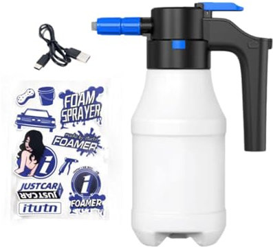 Milageto 1.5L Elektrische Autowaschbrause Flasche, Großes Fassungsvermögen Schaumsprüher, 75° Weitwinkelsprühung, Hochdrucksprüher für Auto LKW Gartenarbeit Küche Haushalt, Blau