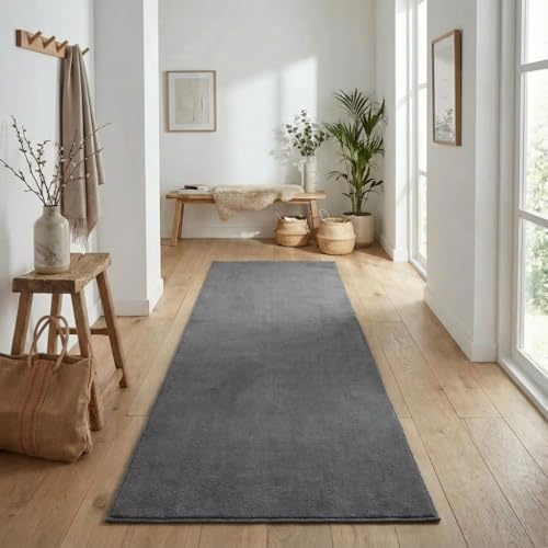 Jimri Flauschiger Teppich Läufer - Hochwertiger Kurzflor für Zuhause, Büro, Küche, Eingang, Flur, Wohnzimmer - Maschinenwaschbar - Rutschfester Teppich Waschbar - 80x250 cm - Anthrazit