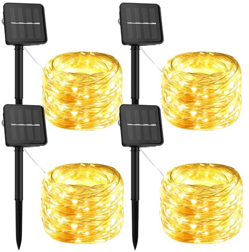 Lot de 4 Guirlande Solaire Exterieur Jardin, Guirlande lumineuse solaire,12M 120 LED Noël Guirlande Lumineuse Solaire 8 Modes Étanche Fil Cuivre Lumière pour Sapin de Noël,Jardin,Terrasse,Balcon