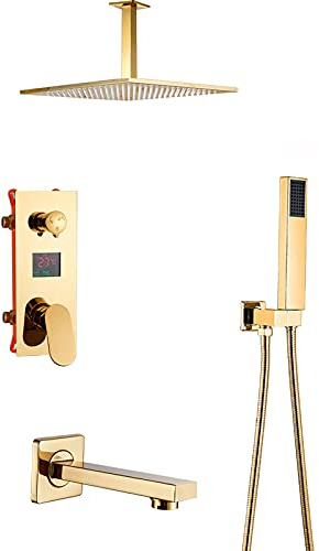 Système De Douche Ensemble De Robinet De Douche De Salle De Bain À Affichage Numérique Doré Avec Bec De Baignoire, Ensemble Combiné De Douche Monté Au Plafond, Mitigeur En Laiton Avec Pomme De Douche
