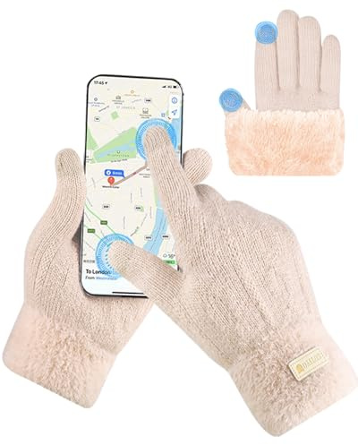 SUTIYO Women's Thermal Gloves with Fleece Lining, Touch Screen, Elastic Cuff, Warm Knit for Running, Driving (Beige)