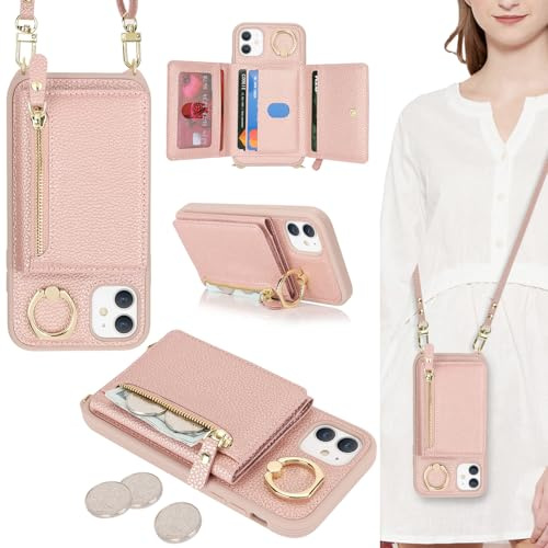 ELTEKER Handyhülle für iPhone 11 Hülle mit Band Kartenfach Ringhalterung Geldbörse,Leder Klapphülle Umhängetasche Handytasche für iPhone 11 - roségold