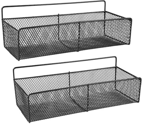 Gzsekken Black Wire Basket, 2 Pack Wall Mounted Metal Storage Shelf, No Drilling Self-Adhesive Organiser for Bathroom, Kitchen, Cabinets, Pantry