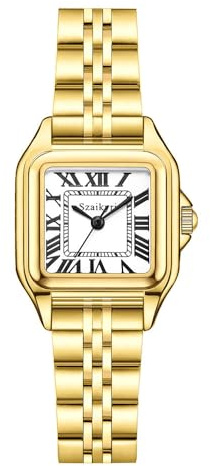 Szaikyri Classic Square Watches for Women with Roman Numerals Ladies Casual Dress Watch (Gold White)