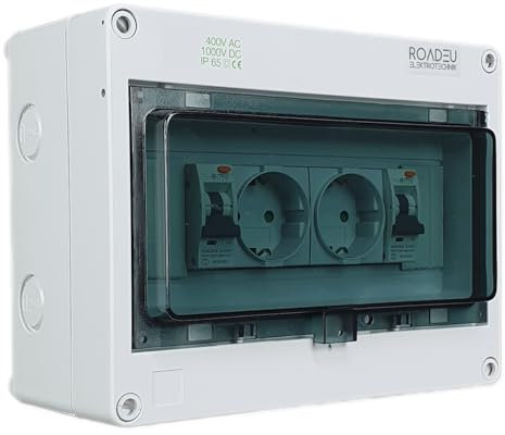 RoadEu - Quadro Elettrico con prese. 2x 230V Schuko con interruttore di protezione Fi nella scatola dei fusibili IP65. Completamente cablato, 16A prese 230V e FI C16A tipo A.