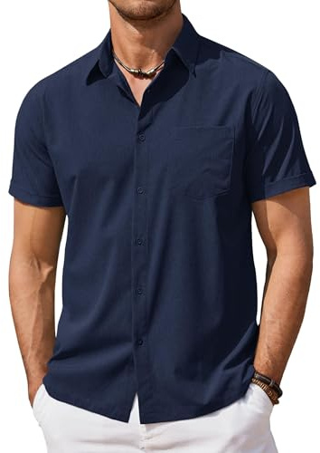 COOFANDY Herr kortärmad casual skjortor sommar strand lätt stretch skjortor normal passform med ficka, Blå urple, XL