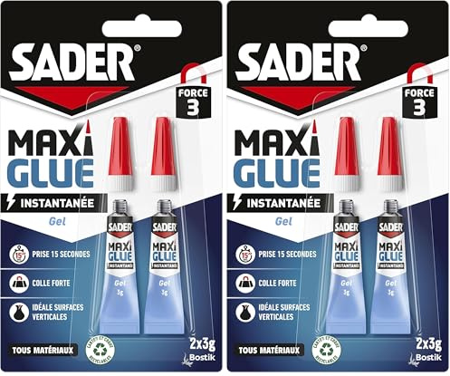 Sader Maxiglue Gel – Super Glue Universelle – Tous Matériaux – Colle de Réparation à Prise Rapide – Colle Extra Forte – Transparente – 2 Tube de 3 g (Lot de 2)
