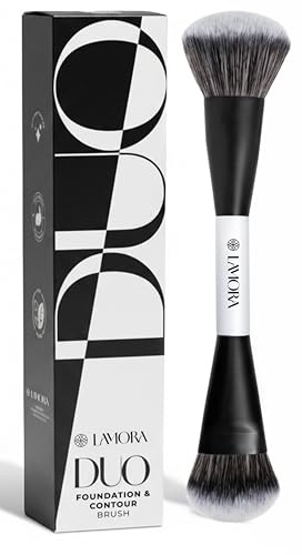 Lamora Bronceador Crema + Contorno Base Brocha Maquillaje Doble | Brocha Maquillaje Kabuki Duo para Crema o Liquido Colorete Iluminador Corrector, Vegano, Sin Crueldad & Cerdas Sintéticas