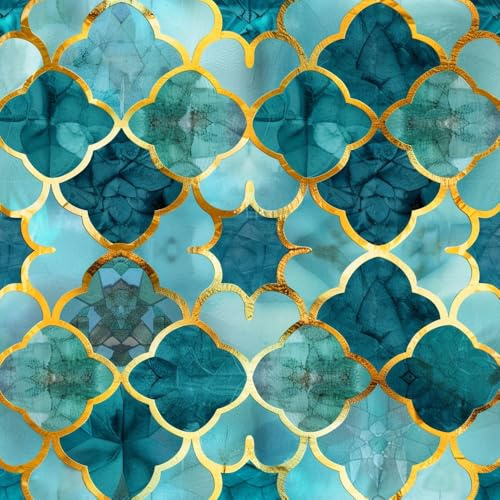 JIAOQSS Selbstklebende Tapete Aquarell Cyan Gold Marokkanischer Stil Mustertapete Klebefolie Möbel Dekorfolie Selbstklebend Küche Klebetapete Muster Tapeten Wassdicht DIY Wohnzimmer Wandtapete