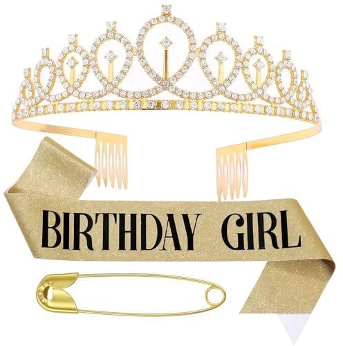GUO-YING Krone & Schärpe für Damen & Mädchen - Geburtstagskrone, Geburtstags-Schärpe, Festdeko Haarschmuck mit Glitzer, Tiaras & Schärpen Set für Geburtstagskönigin & Party
