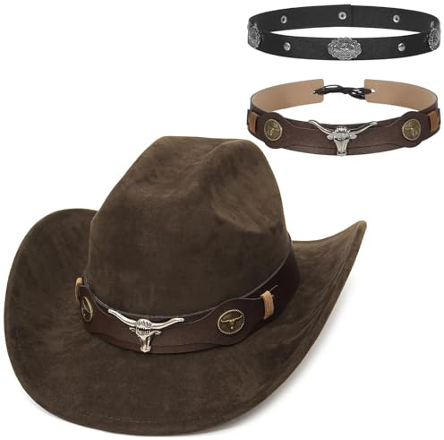 GEMVIE Mocka läder cowboyhatt två typer av hattband brett brätte västernhatt för män och kvinnor unisex vintage västernhatt cowgirlhatt, kaffe, 56-58