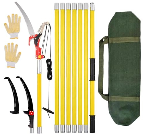 Astschere teleskop 8M Einstellbare Länge 3-in-1 hochentaster manuell mit Canvas-Taschen und Handschuhen,baumsäge-Gartenwerkzeug-Set für die Forstarbeit,Grün6