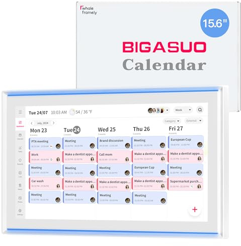 BIGASUO 15.6 Digital Calendar, Full HD Touchscreen Smart Planner-with Task & Reward Meal Plan Great for Family Schedules& Chore Organization, Wall&Desk Mount with LED Reminder Light,Photo Display