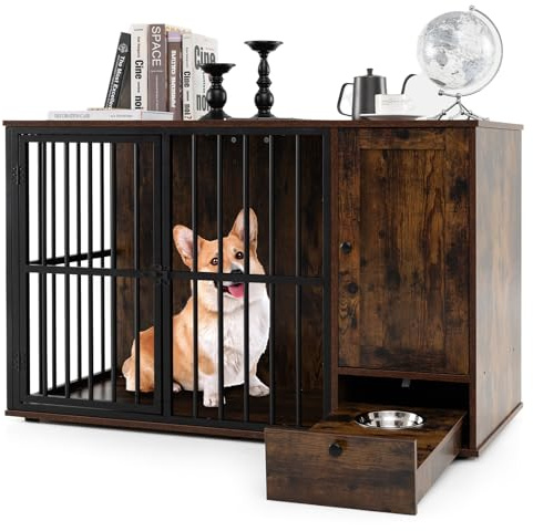 COSTWAY Dog Crate Furniture, 120cm Indoor Wooden Dogs Kennel Side Table with Hidden Pull-out Feeding Bowls, Storage Cabinet, Heavy-Duty Pet House for Small Medium Dogs