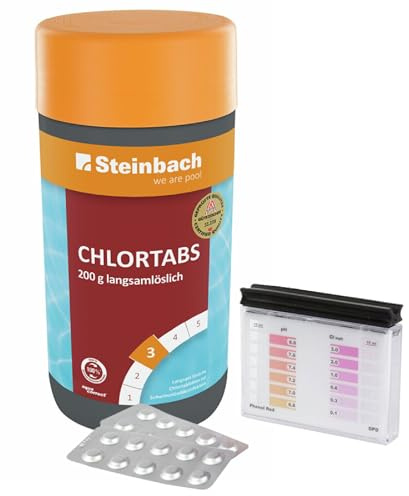 Steinbach | Poolpflege Test-Set | Chlortabs 200 g, 1 kg langsam löslich & Testkit für pH/Chlor | gegen Algen, Viren & Trübstoffe | pH-neutral | für Dauerdosierung bei Allen Wasserhärten