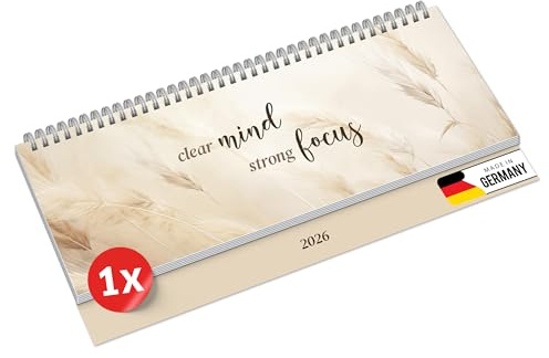 PRIMUS PRINT Bordskalender 2026 liggande veckokalender – 112 sidor möteskalender och årskalender – 297 x 130 mm – 75 g naturpapper, trådkambindning, helgdagar och skolsemester – [Individuellt – klart