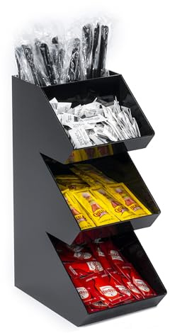 Inevibe Condiment Holder Stand - 3 Tier Compartment for Condiments, Sauce Packets, and Coffee Station Organizer for Bar, Restaurant, Cafe, Home - Black Acrylic Caddy Storage Rack