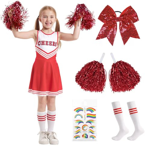 Cheerleader Kostüm Kinder, Kostüm Cheerleader Mädchen, Faschingskostüm Cheerleading Outfit Kinder mit Socken & Pompoms & Bogen & Tattoos für Fasching, Karneval, Halloween(110-150cm)
