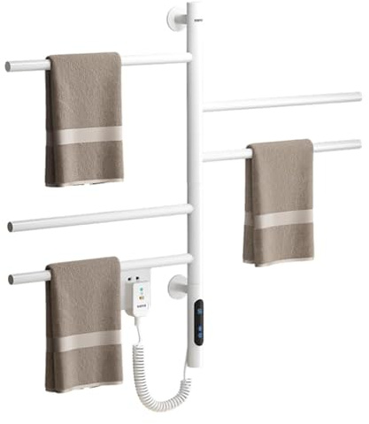 Scaldasalviette elettrico bagno basso consumo 85W, Termoarredo da bagno elettrico con termostato intelligente Rotazione di 180 °Temperatura regolabile 30-70℃, Temporizzazione 1-9 H (White)