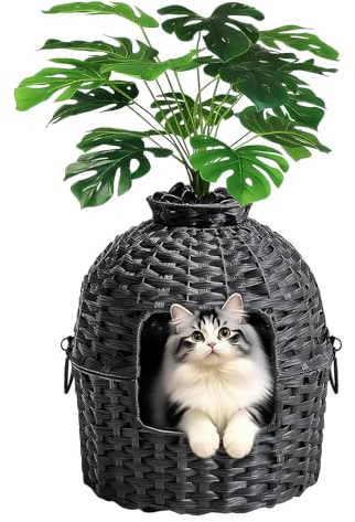 LEEJARD Katzenklo XXL – Versteckte Katzentoilette aus handgeflochtenem Rattan mit Pflanze, geräumig & stilvoll, ideal für große Katzen, wohnzimmertauglich – Schwarz