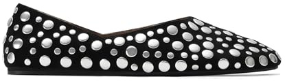 OMLISHZTY Women Studded Suede Ballet Flats Round Toe Slip on Leather Flats Comfortable Dress Casual Walking Flat Shoes