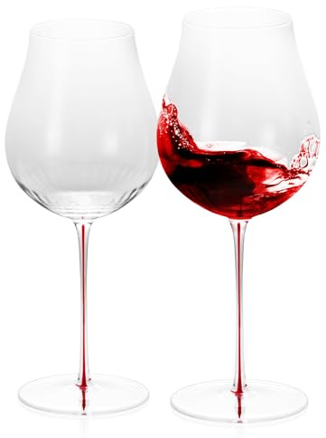 KAMMAK Wine Glasses Set of 2, 24.35 oz Hand Blown Crystal Bordeaux Wine Glasses, Thin Rim & Long Stem, Perfect for Red & White, Daily Use, Wedding or Birthday Gift with Gift Box, Burgundy Red