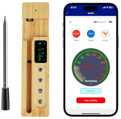 Termometro Digitale Wireless con Display LCD IP68, Termómetro para Carne Batteria con Lunga Durata di 36 ore, Bluetooth 5.2 (portata 152 m), Base con Allarme, per Barbecue, Forno, Griglia, Cucina