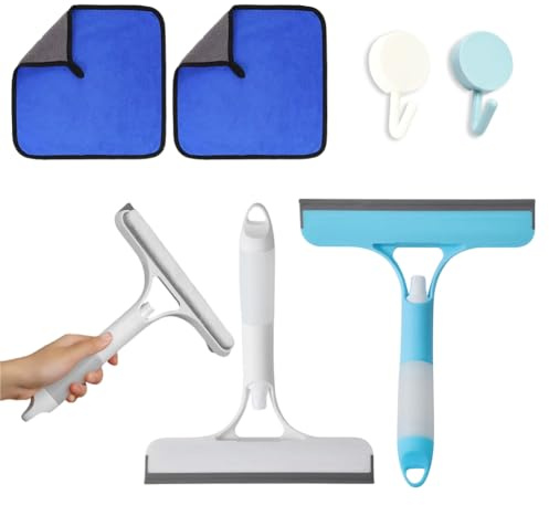 6-Pack 3-in-1 Window Squeegee Scraper – Kitchen, Mirrors | Multi-Surface Glass Cleaner Kit with Scraper, Microfiber Cloths & Hooks for Shower, Car Windshield, Bathroom