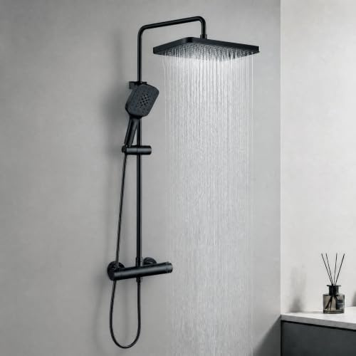 JUSTER Sistema de Ducha Termostático, Negro, Juego Completo de Accesorios de Ducha con Cabezal de Ducha Redondo Tipo Lluvia, con Barra de Ducha Ajustable